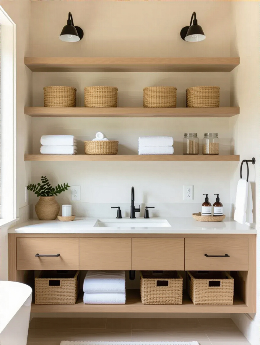 Open shelving with woven baskets in a modern bathroom