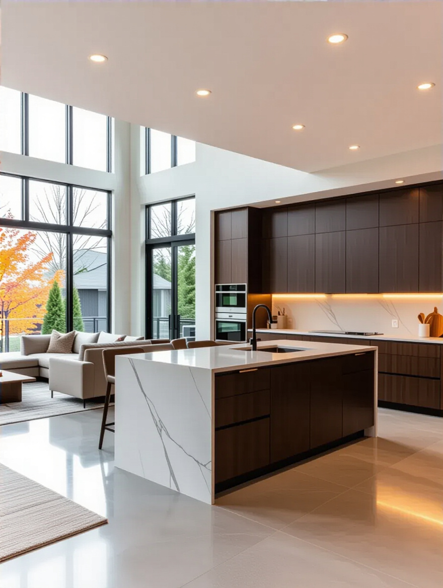 Modern open-concept kitchen seamlessly integrated into a spacious living area, featuring consistent minimalist design, a large island, and ample natural light.