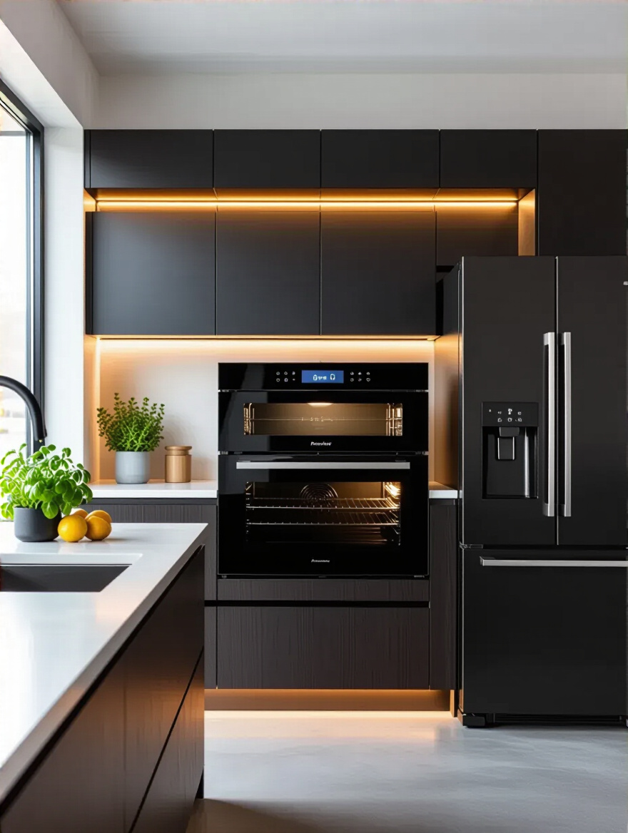 Sleek modern kitchen with integrated smart oven and refrigerator, dark wood cabinets, concrete countertops, green herb plant, professional photo, no people.