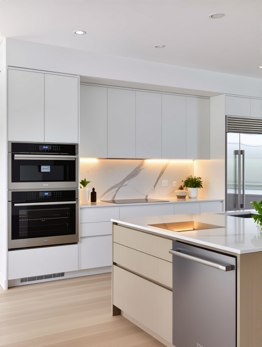Portrait view of a modern kitchen with integrated smart appliances