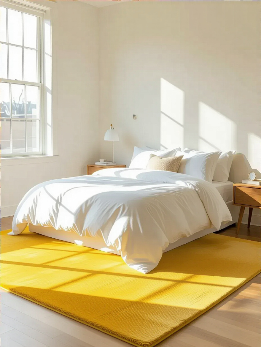 A buttercup yellow rug beneath a queen bed defines the sleeping zone in a bright, minimalist bedroom.