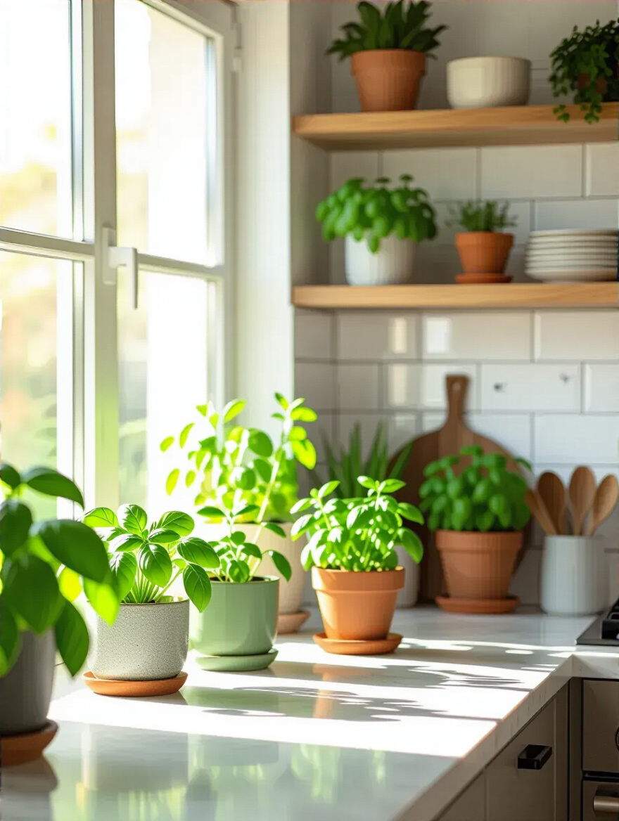 Portrait of a modern kitchen with greenery and potted herbs on counter and shelves