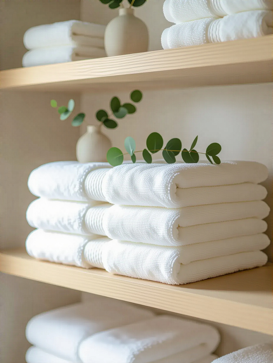A portrait view of meticulously folded luxurious white and cream towels stacked neatly on a light wood floating bathroom shelf, creating a serene spa-like atmosphere.