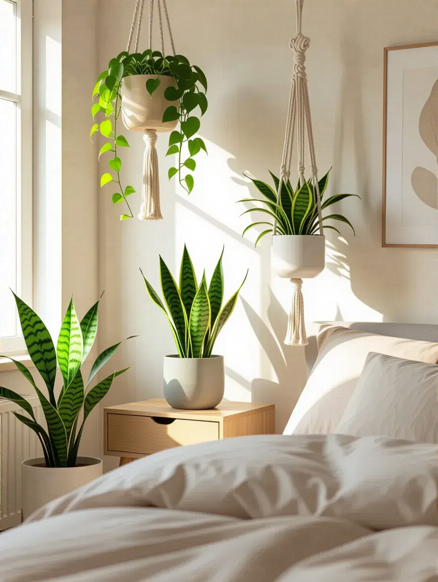 A cozy apartment bedroom with several vibrant green plants, including a snake plant on a wooden nightstand and a pothos hanging from a ceiling hook, creating a fresh and natural atmosphere. The room features a neatly made bed with neutral linens and soft natural light.