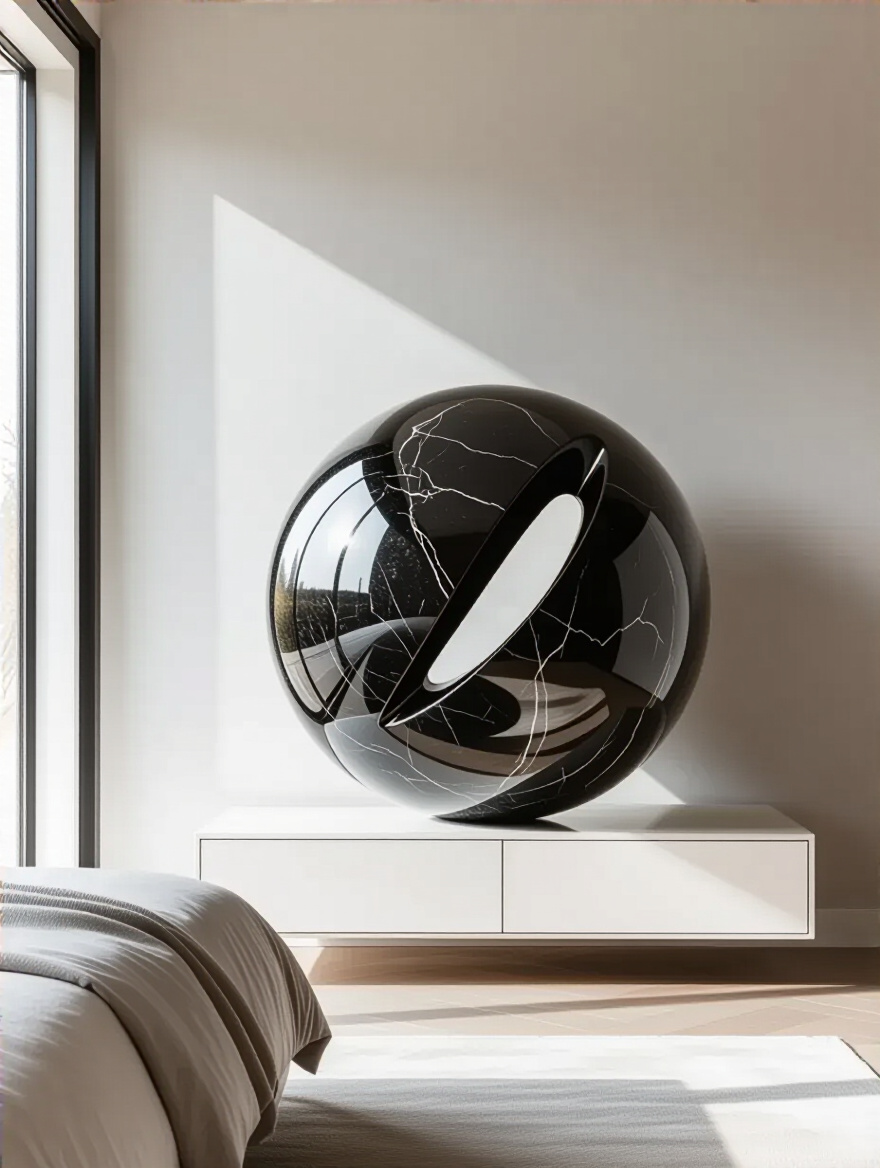 A large, polished black marble sphere sculpture on a white floating dresser in a minimalist modern bedroom, adding an artistic accent.