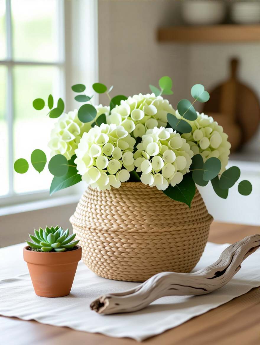 A textured kitchen table centerpiece featuring a woven seagrass basket, a terracotta pot with succulents, and driftwood.