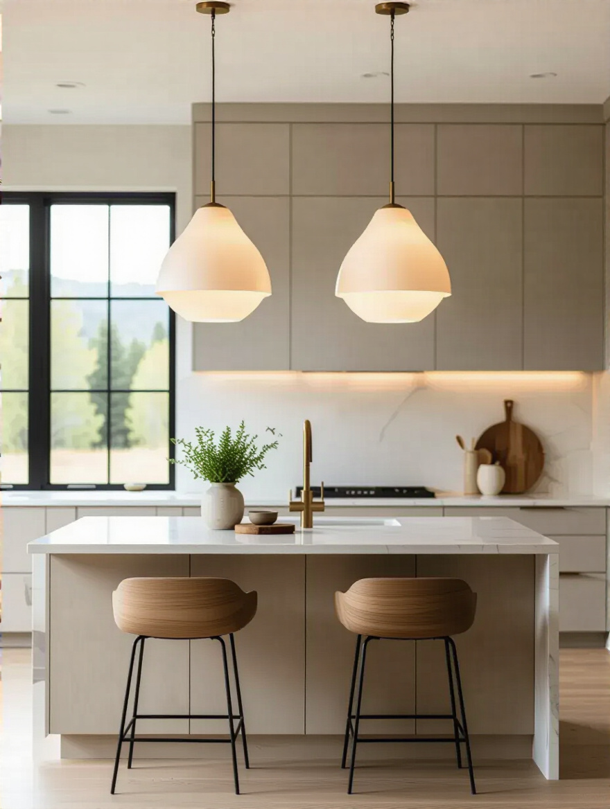 Portrait of sculptural lighting fixtures over a kitchen countertop island