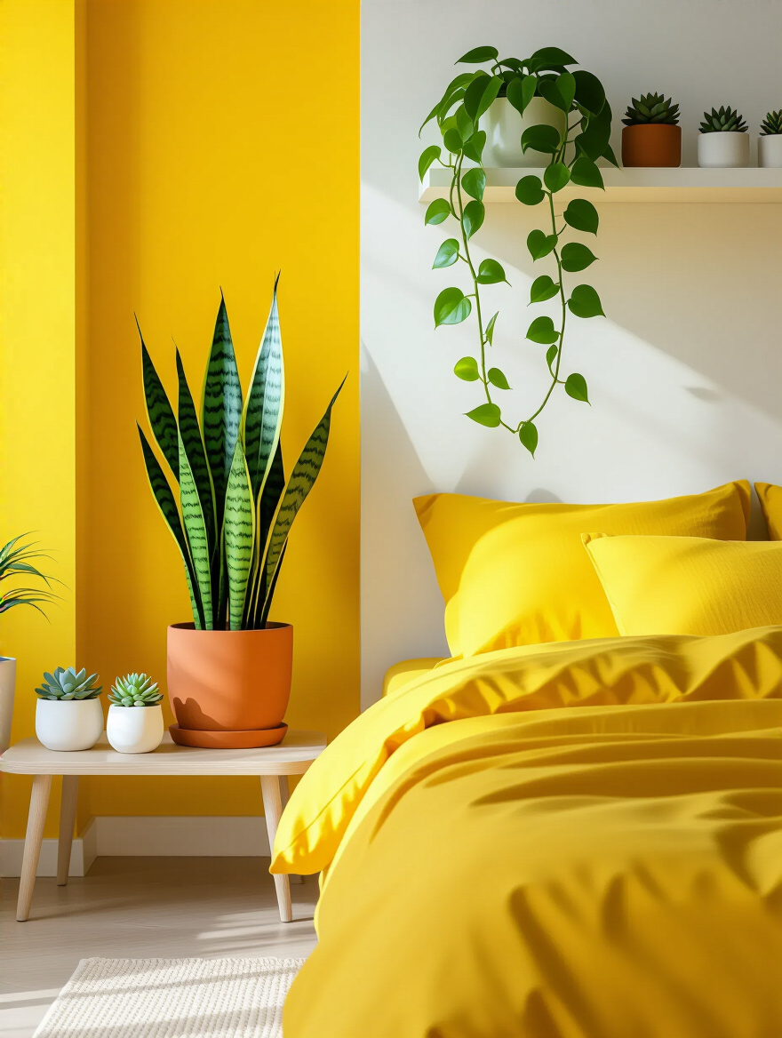 A sun-drenched yellow bedroom featuring a large Snake Plant in a terracotta pot, trailing Pothos on shelves, and small succulents on a bedside table, softening the vibrant yellow walls with natural green accents, a professional portrait photograph.