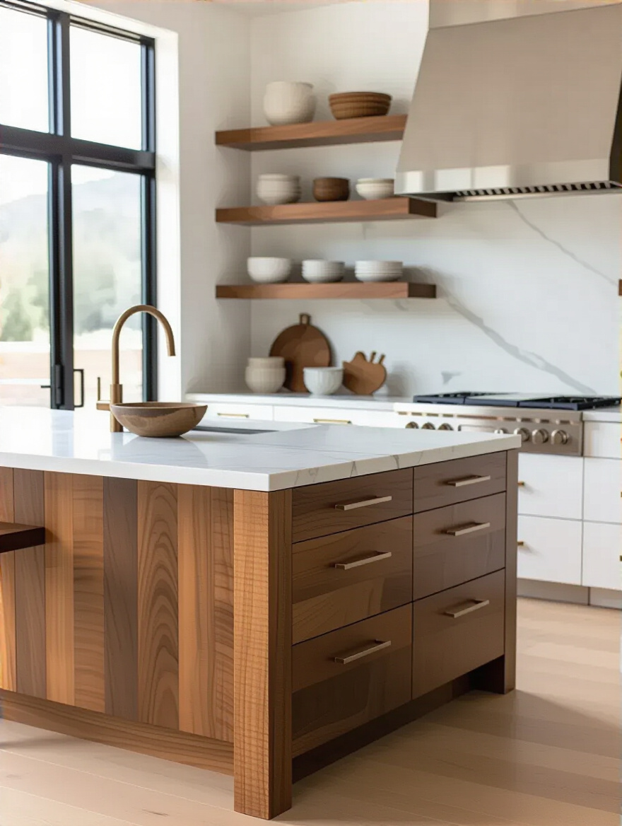 Contemporary kitchen with wood, metal, and stone textures for depth