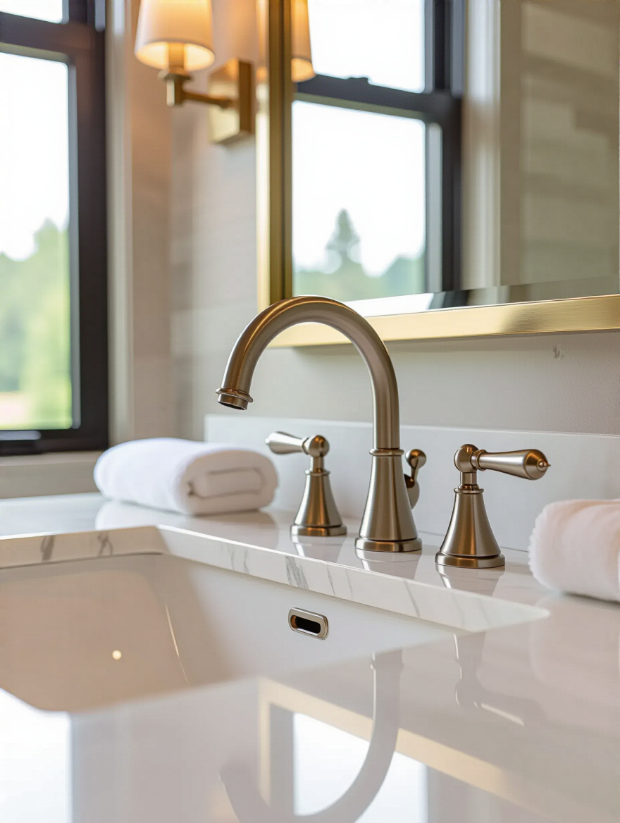 Portrait-style shot of luxury bathroom faucet and hardware finishes on a vanity.