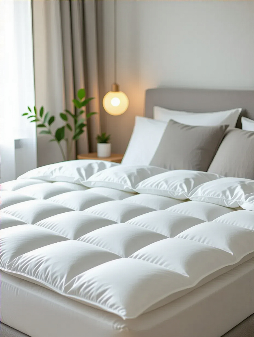 Luxurious mattress topper visible on a neatly made bed in a modern apartment bedroom, signifying enhanced comfort.