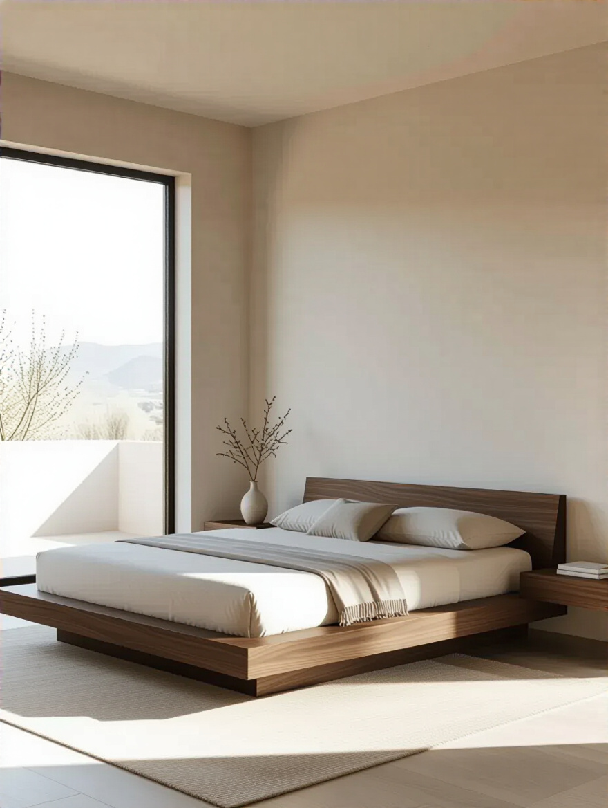 Modern bedroom with sleek, low-profile walnut platform bed, minimalist decor, neutral tones, and natural light.