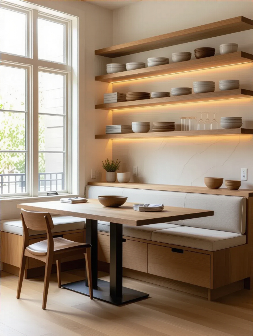 Kitchen table with built-in storage and shelving