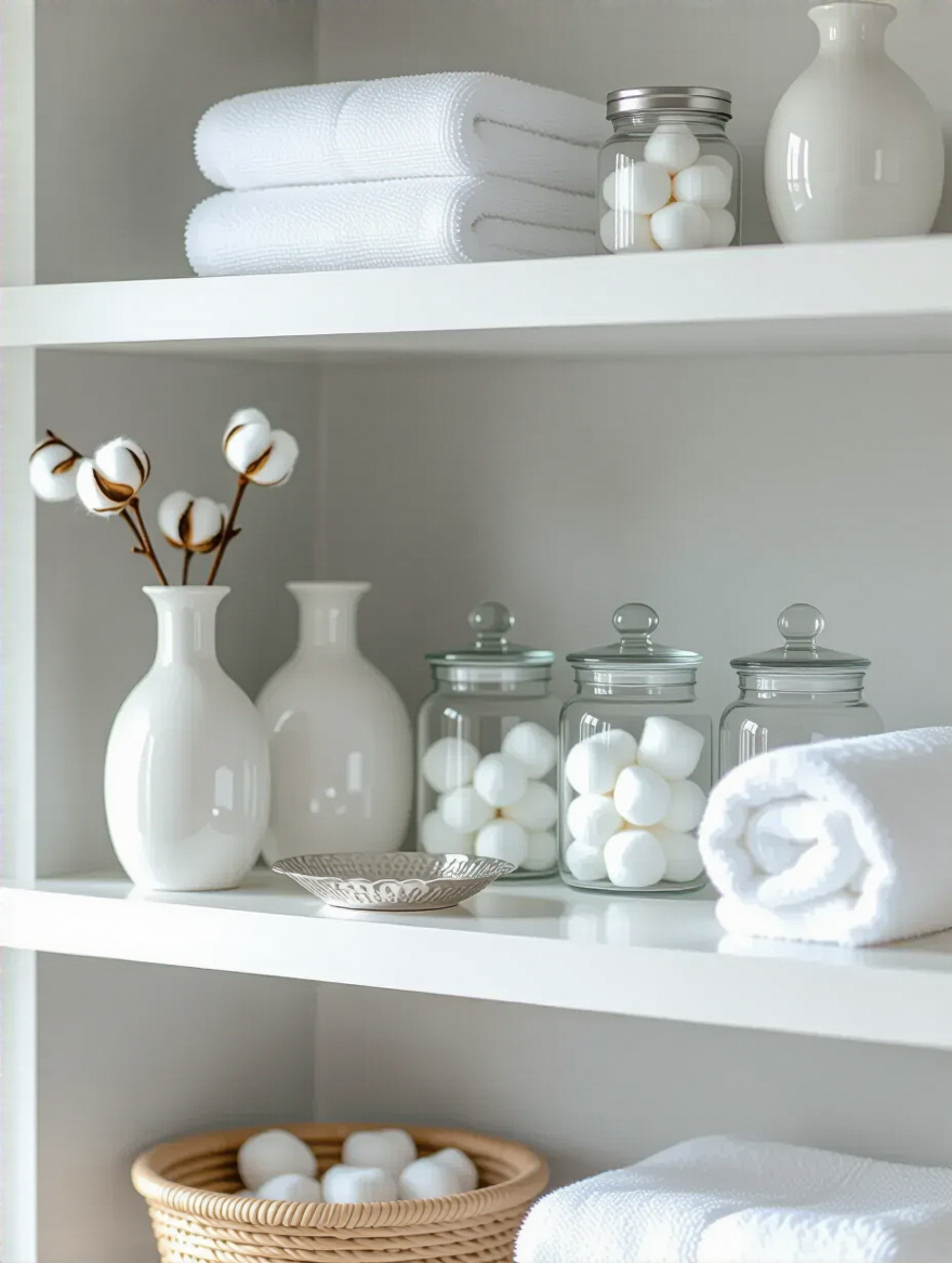Close-up of clean, dust-free white ceramic vases and glass apothecary jars on a pristine bathroom shelf, under soft light.