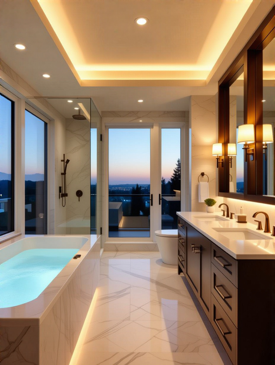 Vertical luxury bathroom with layered lighting and dimmer controls
