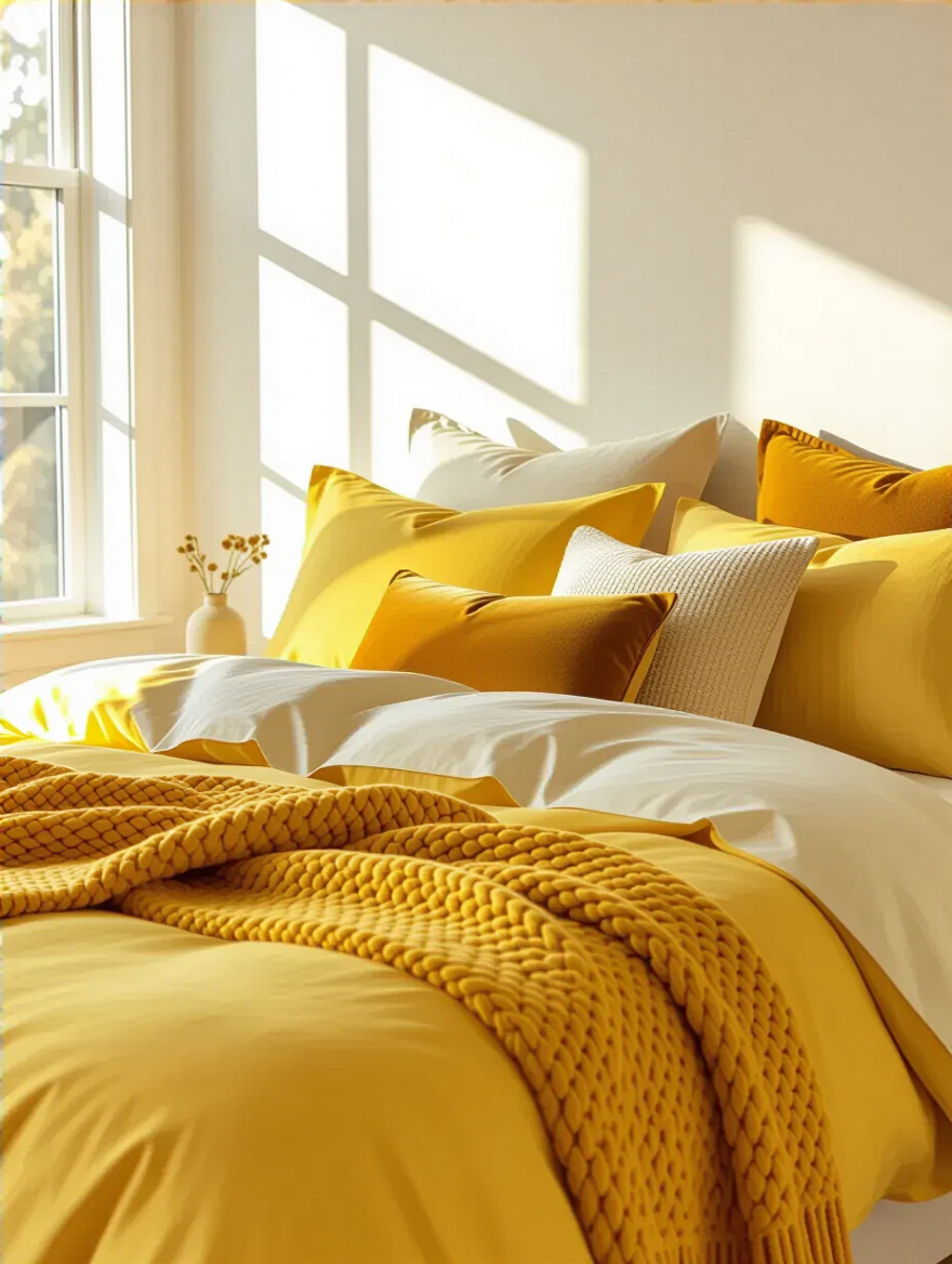 Close-up of a bed with diverse yellow bedding layers including duvet, knit blanket, and various pillows in shades like mustard, lemon, and gold, enhancing warmth and comfort in a bright bedroom.