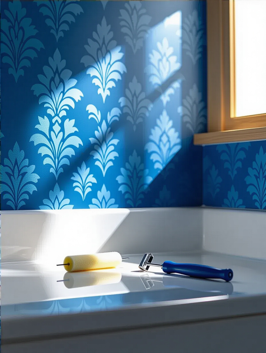 Blue bathroom wallpaper repair showing peeling edge being re-adhered with seam adhesive and seam roller on a clean vanity.