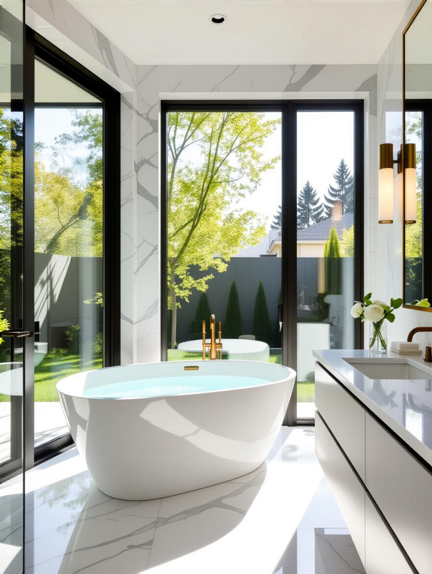 Luxurious bathroom with a freestanding tub beside expansive daylight-filled windows