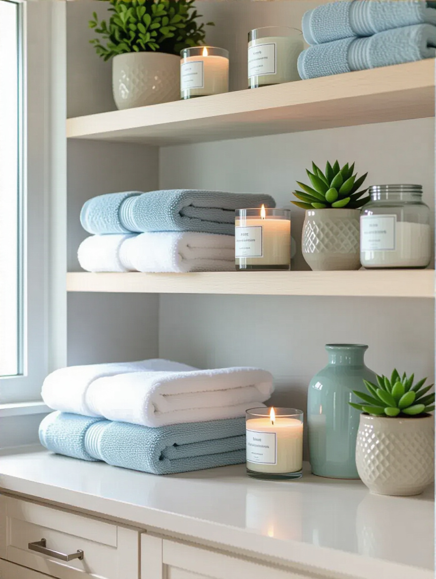 Bathroom shelves decorated with soft blue, gray, and white towels, candles, and plants, showcasing a harmonious color palette in a modern bathroom.