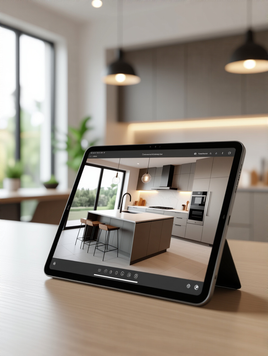 Close-up of a tablet screen displaying a detailed 3D digital render of a modern kitchen layout, highlighting the use of design software for visualization.