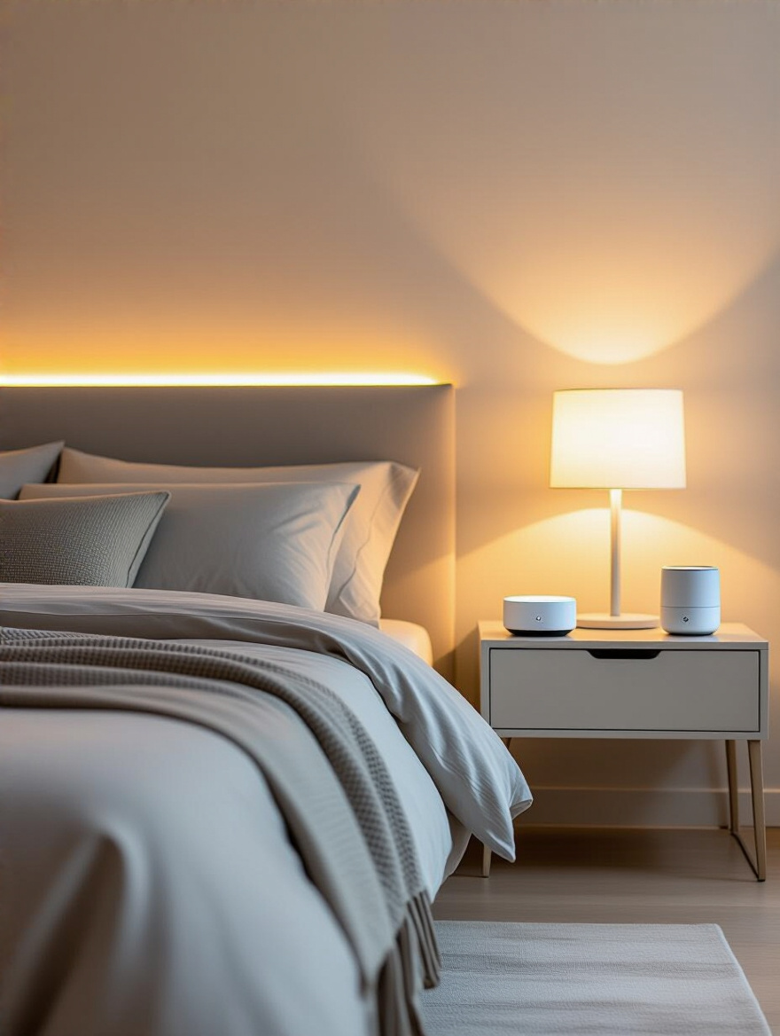 A modern bedroom featuring integrated smart home technology, including smart lighting, a smart hub, and automated elements for comfort and control.