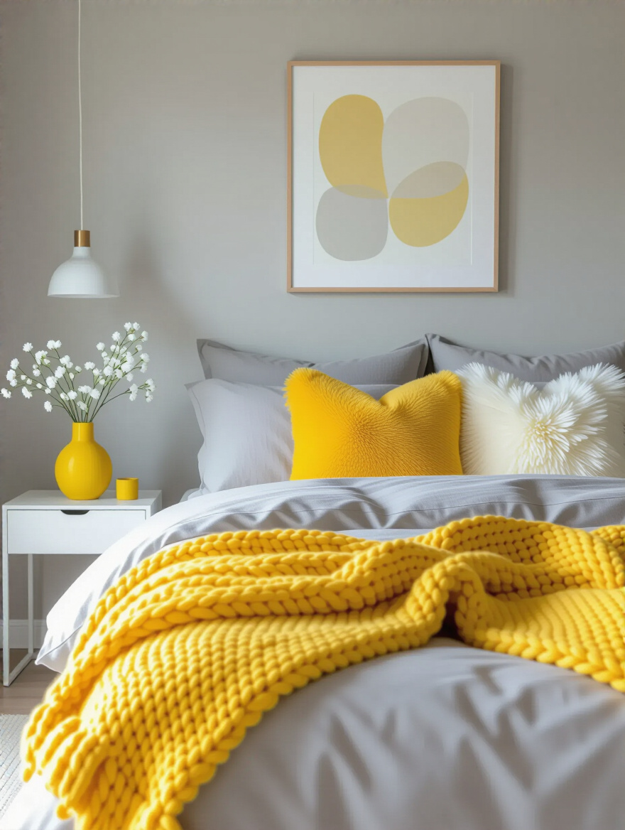 A beautifully styled neutral bedroom featuring a bed with yellow throw pillows and a yellow knit blanket, a yellow ceramic vase on a bedside table, and yellow abstract art. Emphasizes removable yellow accents for seasonal decor flexibility.