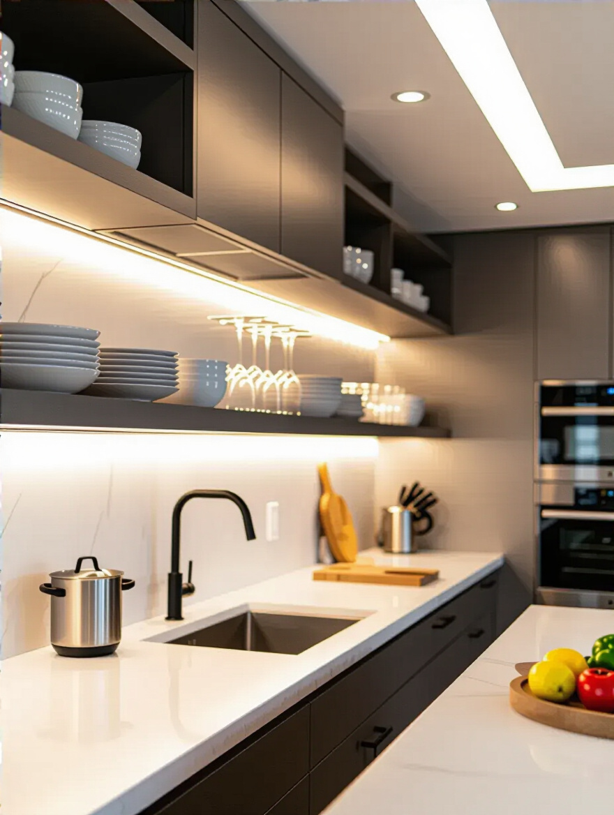 Portrait view of a compact kitchen with layered lighting (task, ambient, accent).