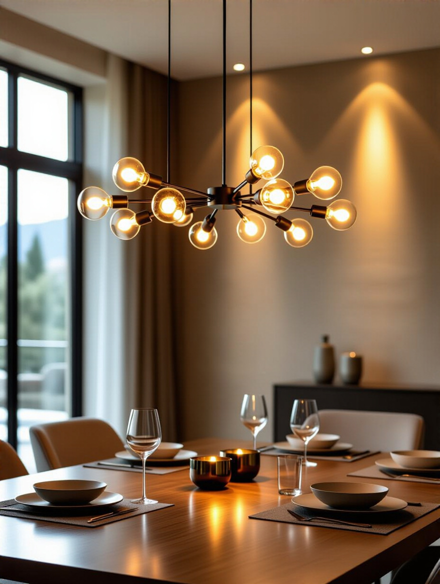 Elegant dining room with a chandelier demonstrating different light source types and brightness levels, showcasing warm and bright illumination