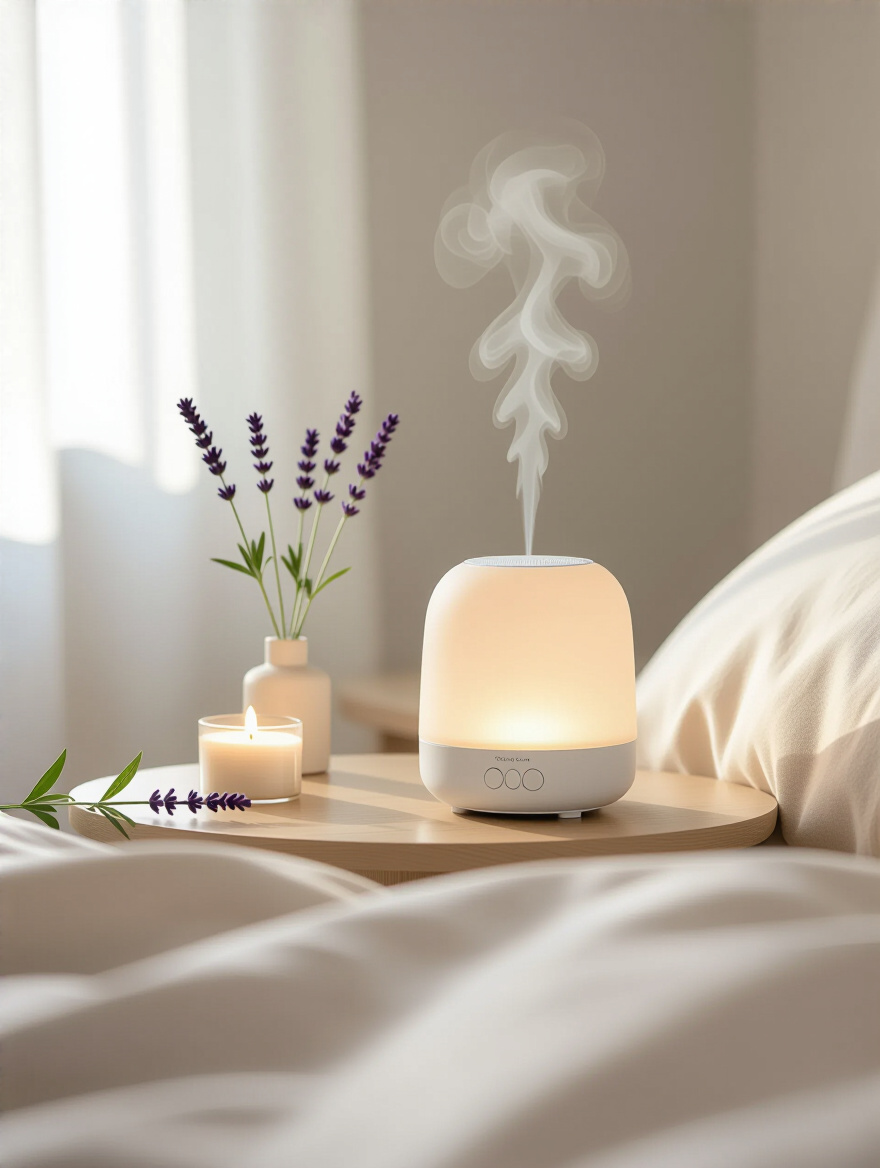 A modern bedroom bedside table with a sleek essential oil diffuser and a sound machine, surrounded by soft lighting and natural elements, embodying a serene atmosphere for sleep.