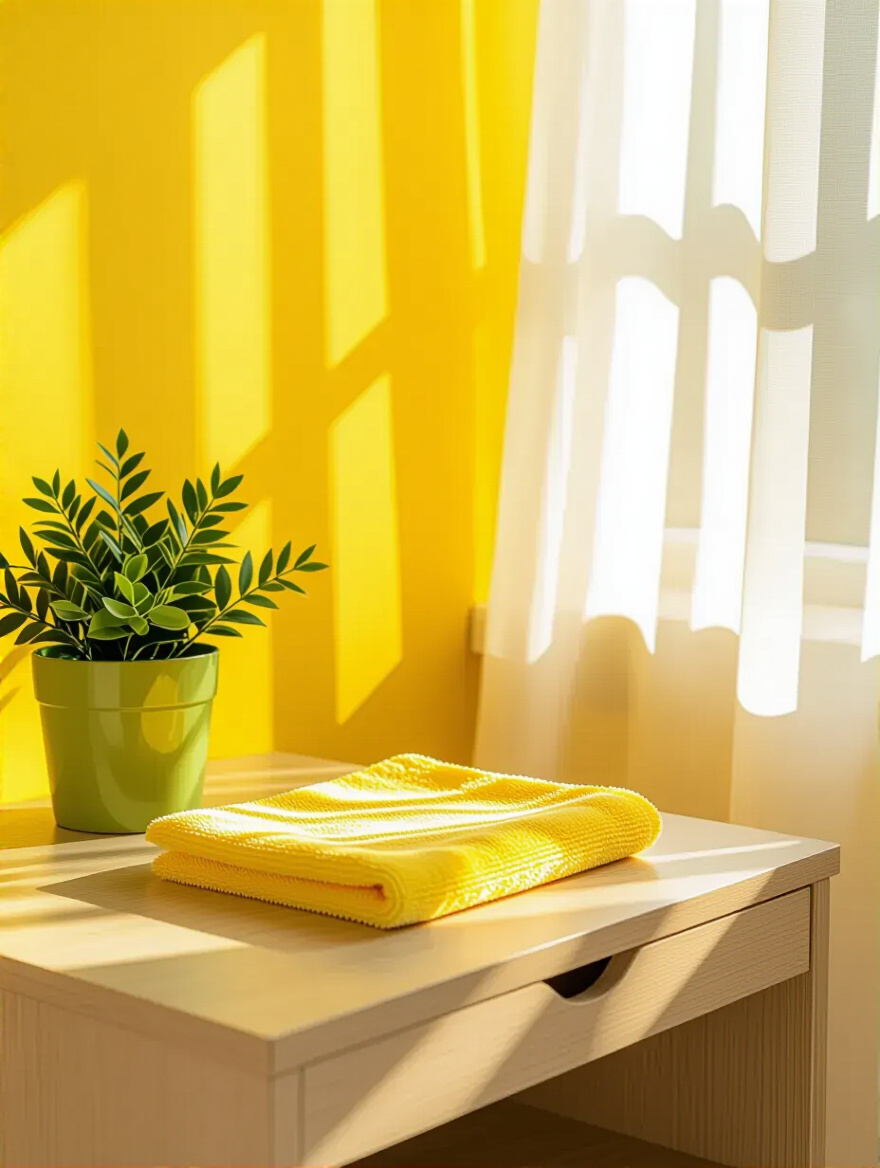Bright yellow bedroom corner with microfiber cloth, illustrating smart cleaning and yellow bedroom maintenance.