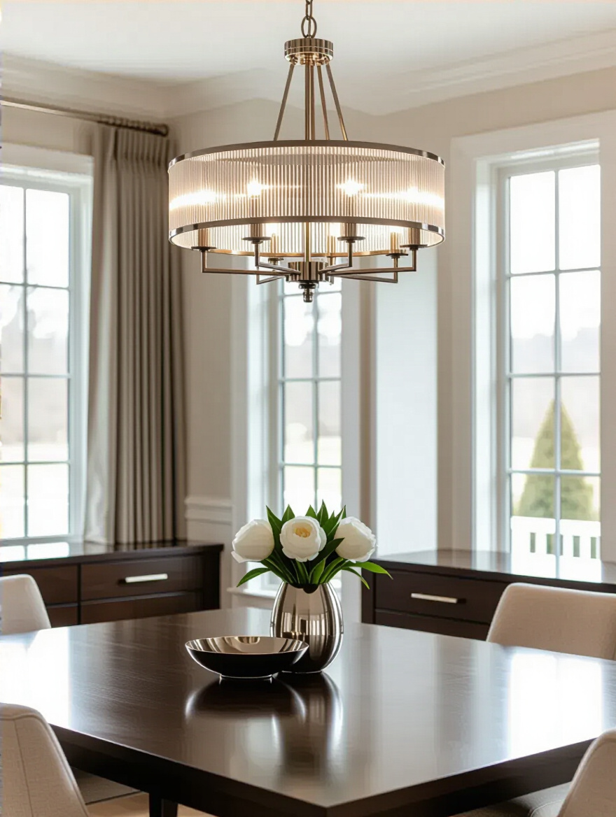 A chic dining room featuring a polished nickel chandelier with matching polished nickel cabinet pulls and curtain rod finials, showcasing seamless hardware cohesion and an elegant aesthetic.