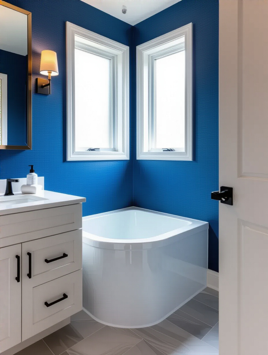 Portrait of a seamless blue bathroom wallpaper corner with perfect seam