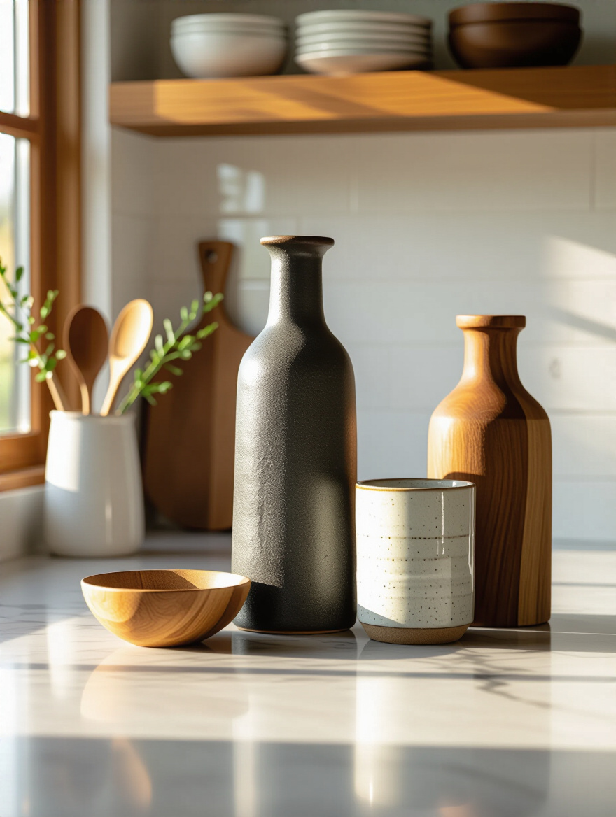 Portrait of a kitchen countertop vignette showing an odd-number grouping on a marble surface