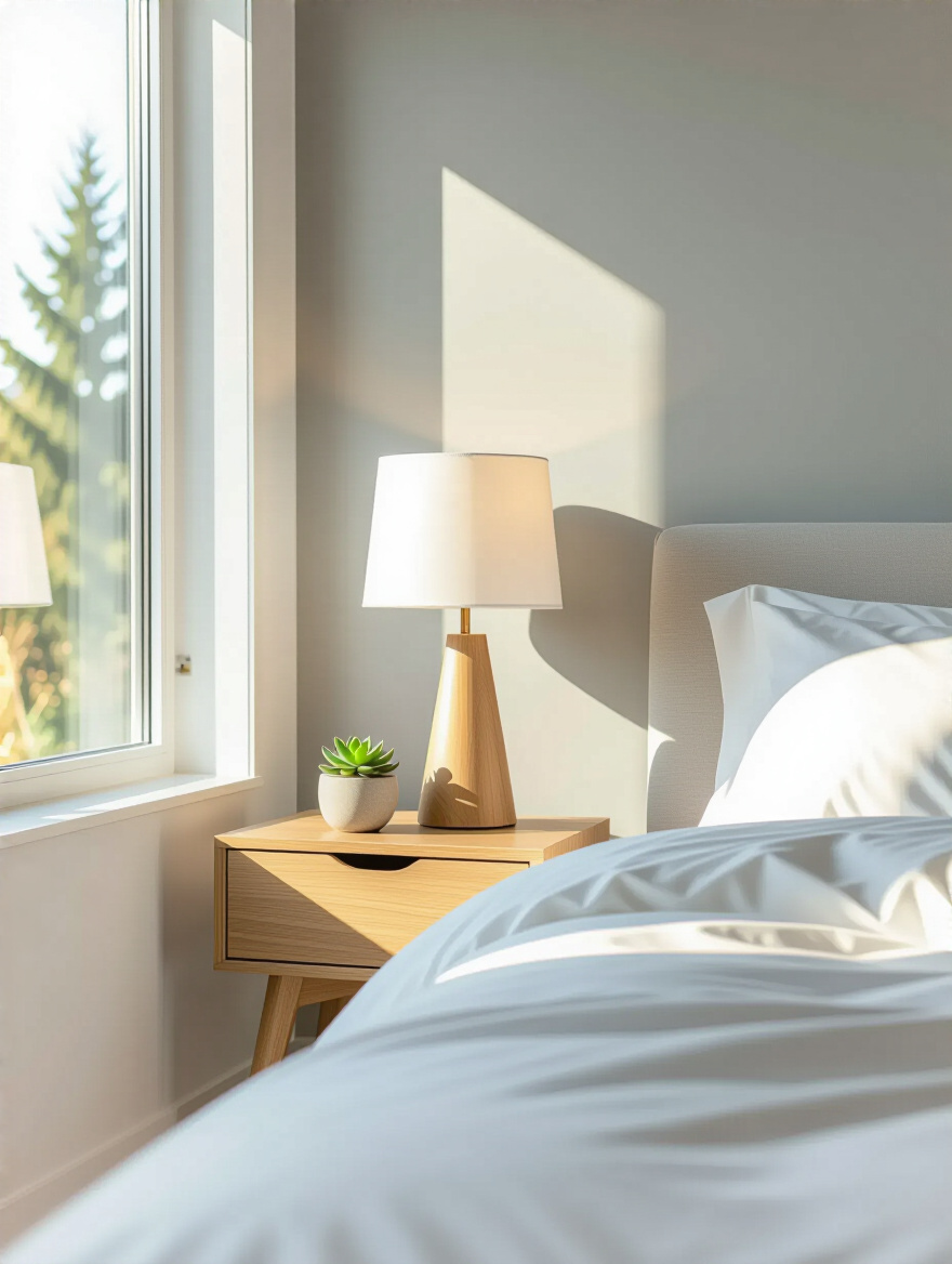 A minimalist modern bedroom bedside area, immaculately decluttered, featuring a sleek lamp, a small plant, and crisp white bedding, bathed in soft natural light, reflecting serenity.
