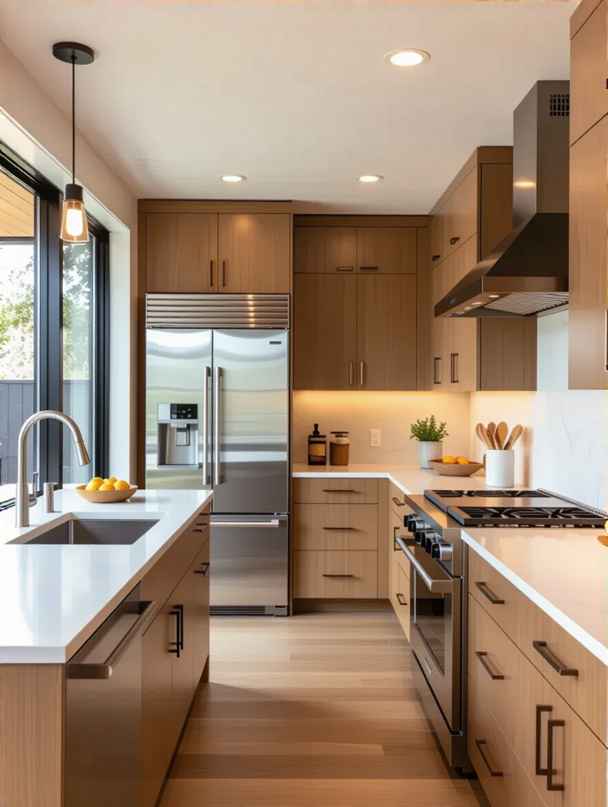 Portrait of a modern small kitchen showing the work triangle between fridge, sink, and stove