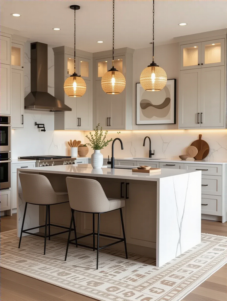 Modern kitchen showcasing cohesive design achieved through smart budget allocation, featuring pendant lights, a textured rug, and elegant hardware.