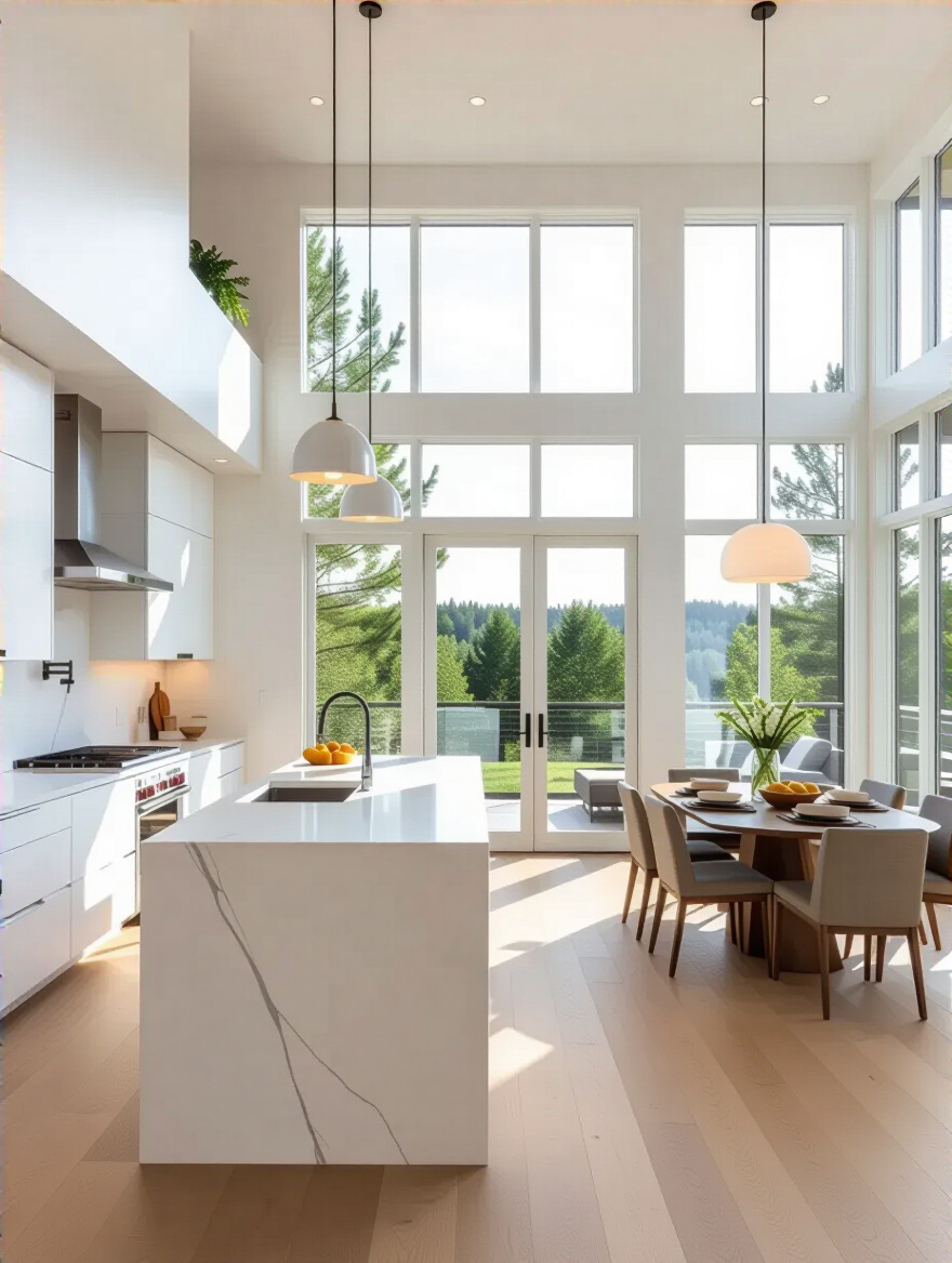 Vertical shot of a seamless open-concept kitchen-dining-living space in a contemporary home