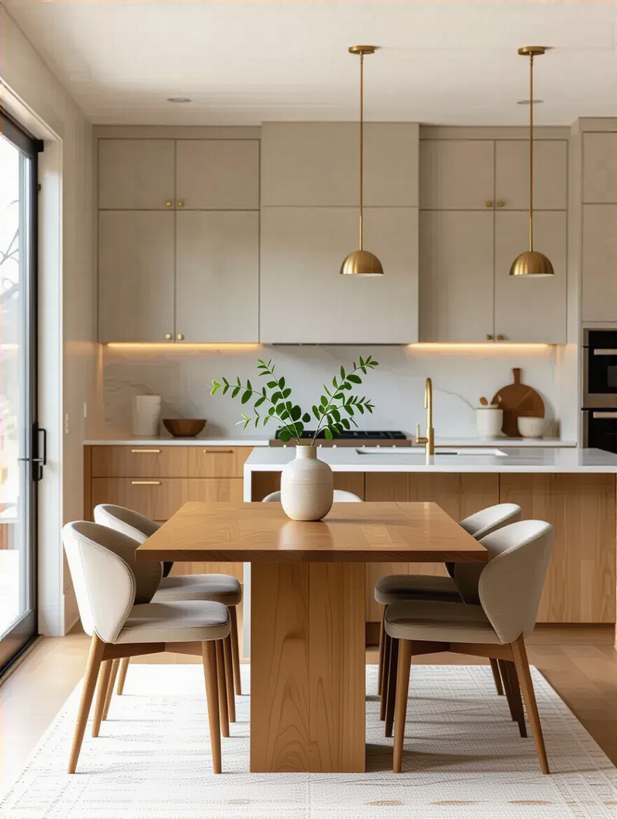 Portrait view of dining area with table finish harmony in the kitchen (no people)