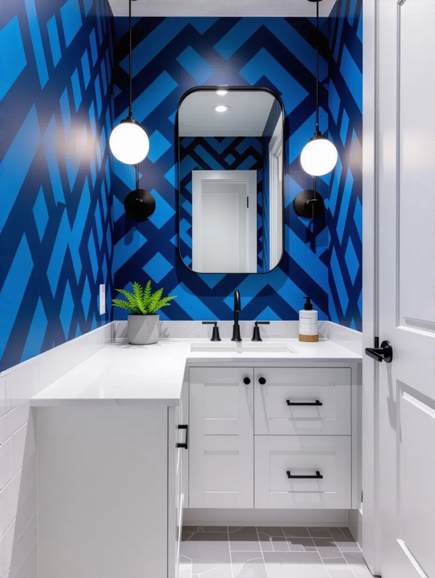 Blue wallpaper patterns coordinated with bathroom size and design theme