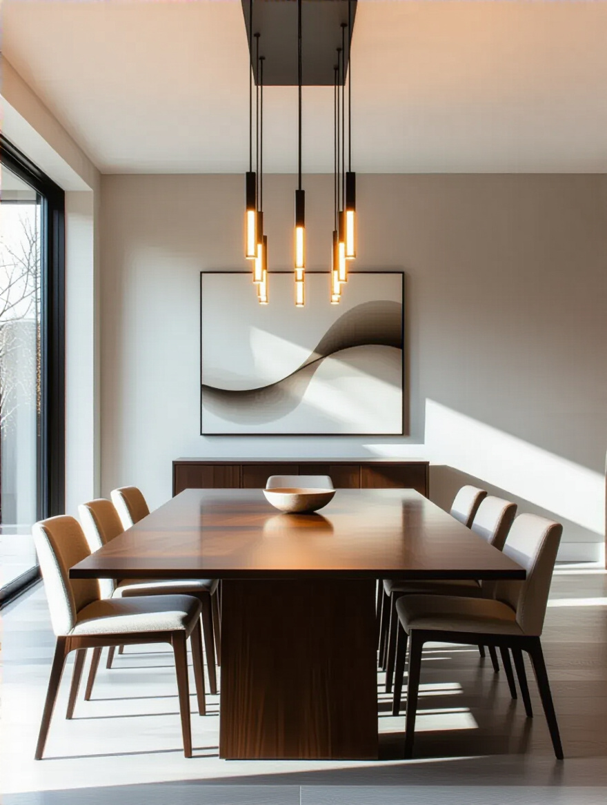 Rectangular dining table with a linear multi-pendant chandelier, demonstrating ideal chandelier shape matching.