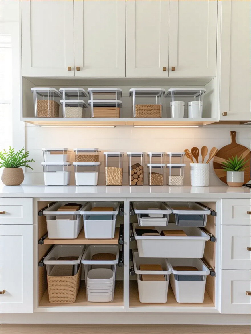 Portrait of a kitchen organized with affordable storage solutions.