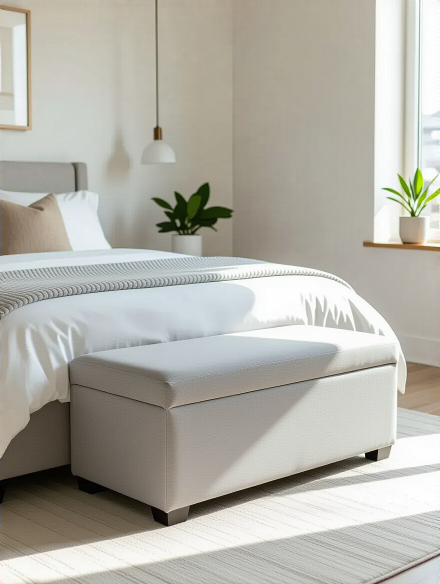 A stylish, compact apartment bedroom featuring a light grey upholstered storage ottoman at the foot of a bed, demonstrating smart multi-functional furniture for small spaces.
