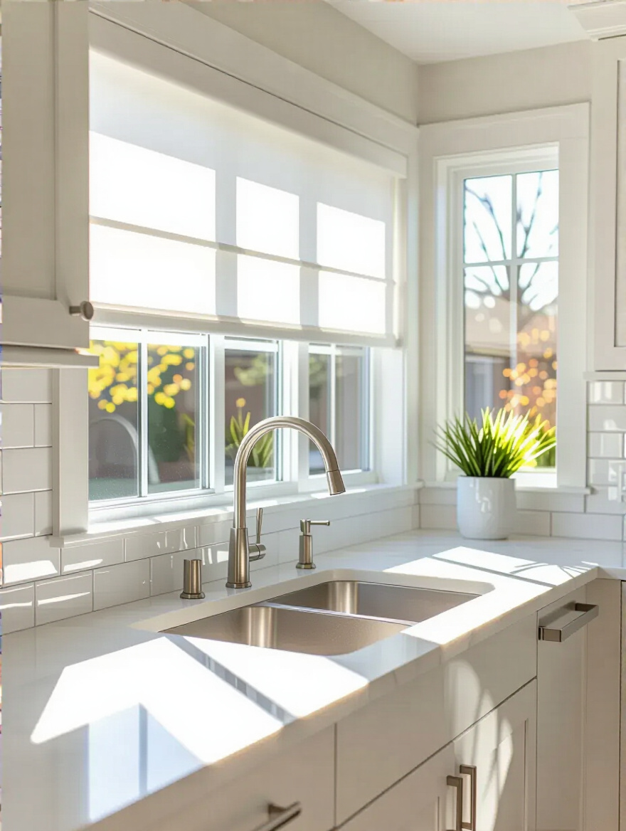 Bright kitchen interior with a large window featuring sheer window treatments, light-colored countertops, a glossy white subway tile backsplash, and polished chrome fixtures, all reflecting abundant natural light.