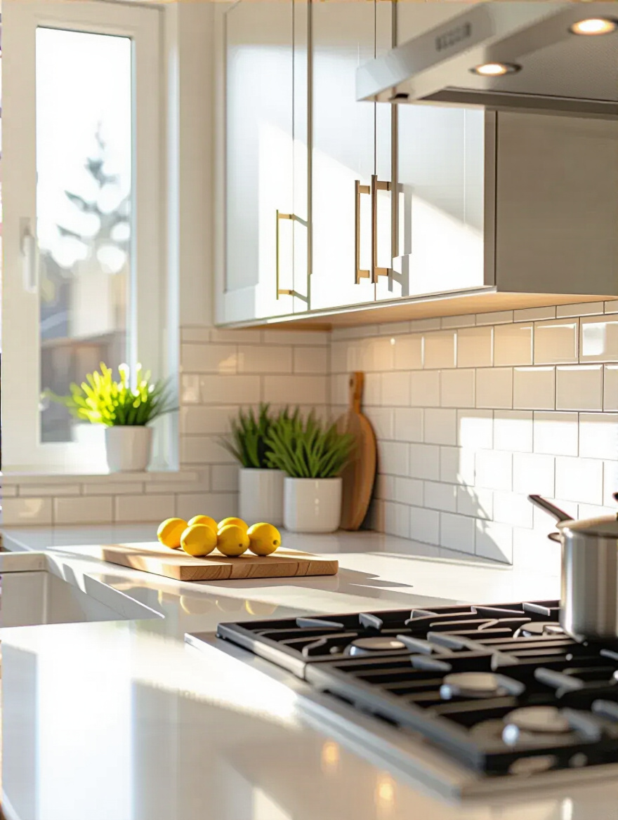 Portrait shot of a modern kitchen backsplash showing precise tile alignment and clean grout.