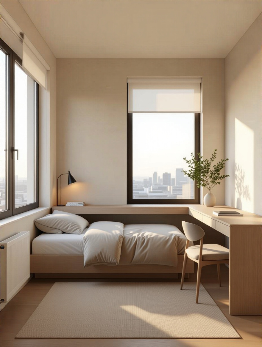 A meticulously planned modern small apartment bedroom with well-proportioned furniture creating clear pathways and a spacious feel, illustrating the success of accurate furniture measurements.