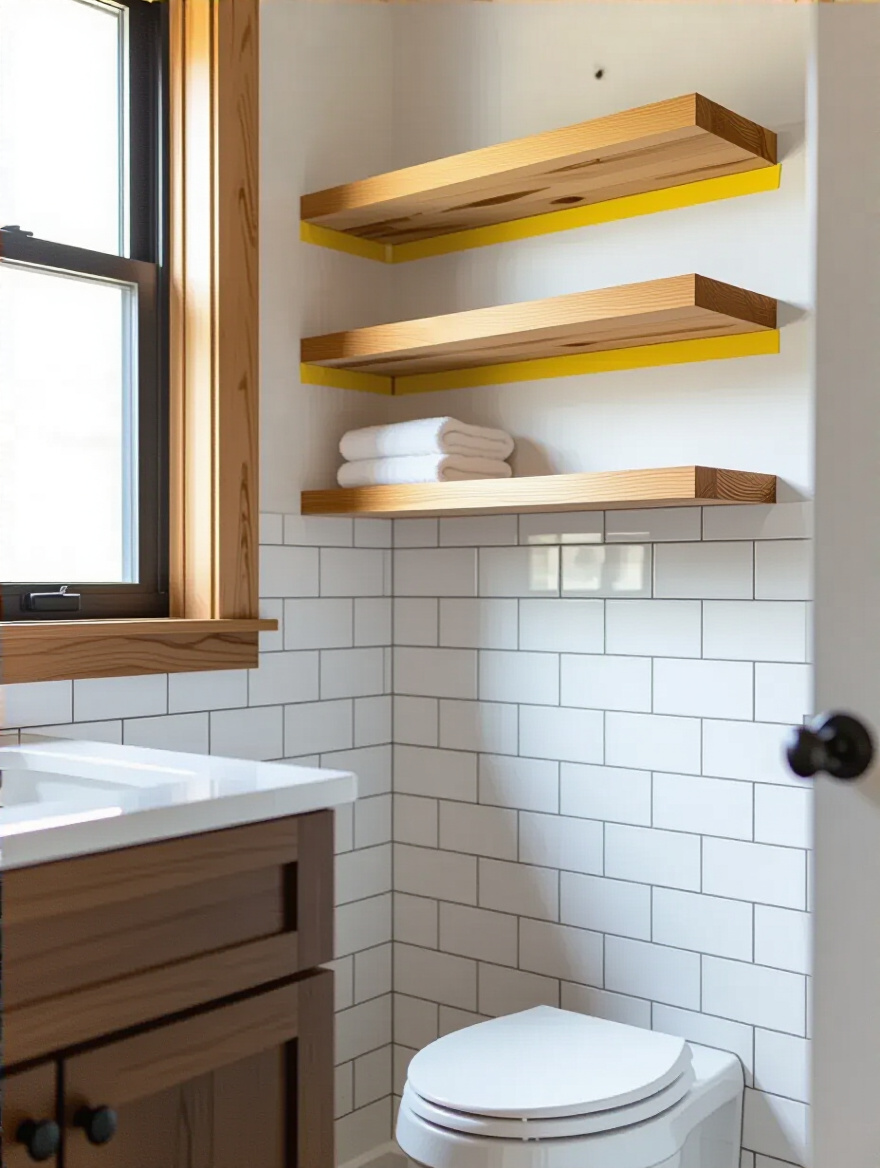 Bathroom wall with faint painter's tape outlines indicating planned shelf dimensions for optimal shelf size selection