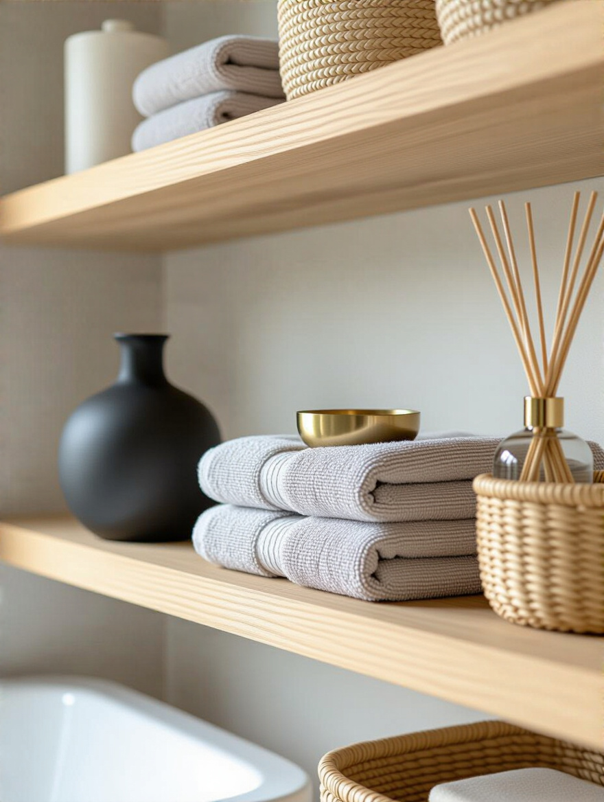 Elegant bathroom shelves featuring a mix of materials: natural wood, smooth ceramic vase, folded linen towels, gleaming metallic accent, and a woven basket, creating rich texture and depth.