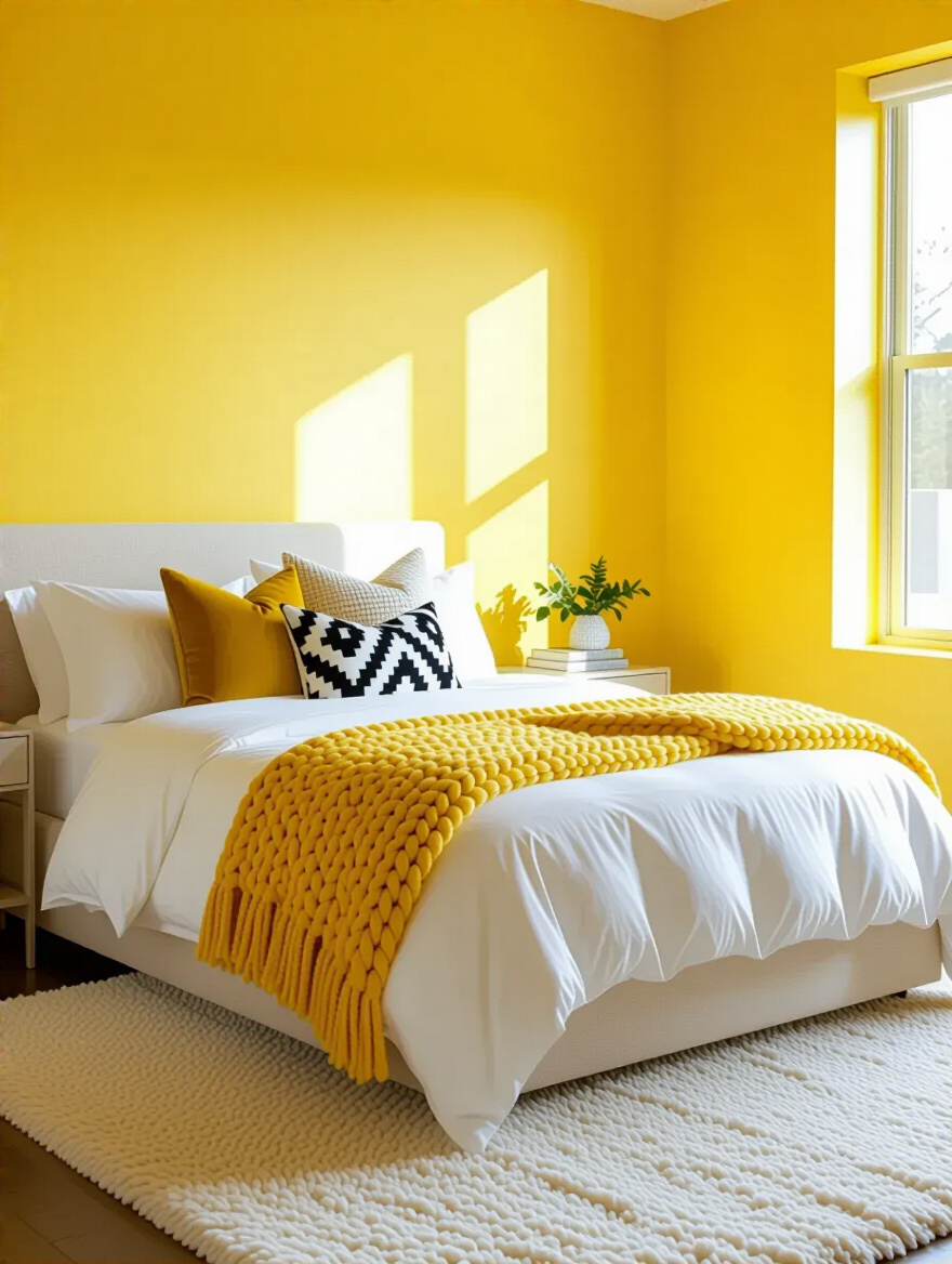 A vibrant lemon-yellow bedroom showcasing mixed textures and patterns. Features a bed with white linen sheets, a chunky yellow knit throw, and varied throw pillows in geometric, velvet, and embroidered designs, all against a lemon-yellow wall and an oatmeal Berber rug.