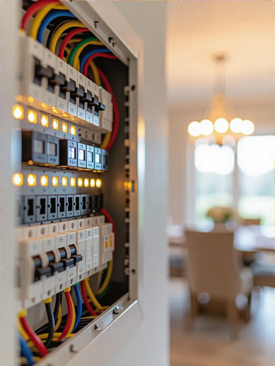 Modern electrical panel showing organized circuit breakers, representing the home's electrical capacity for safe chandelier installation.