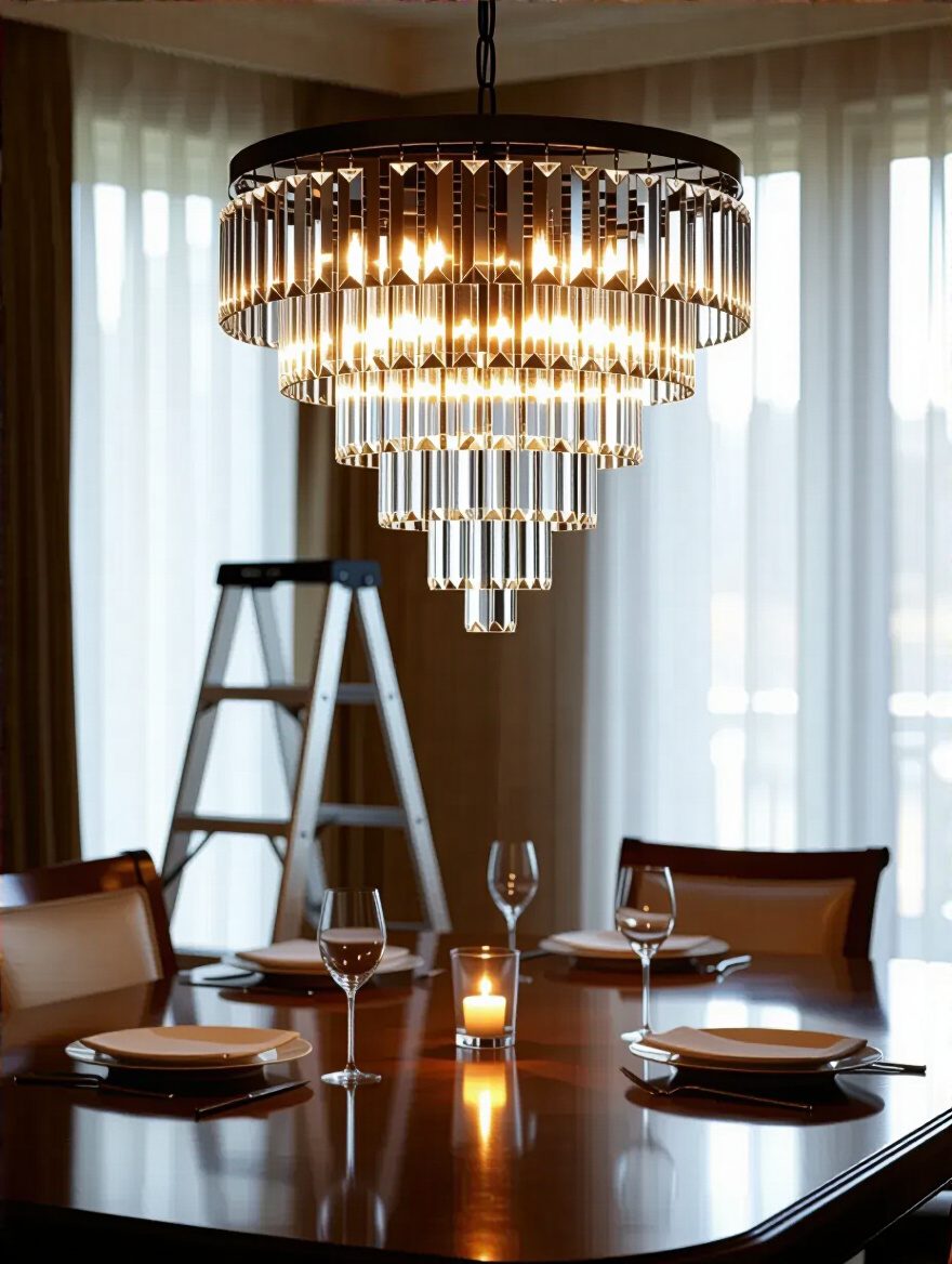 Elegant dining room chandelier with one burnt-out bulb and a step ladder, illustrating the need for prompt bulb replacement to achieve consistent lighting.